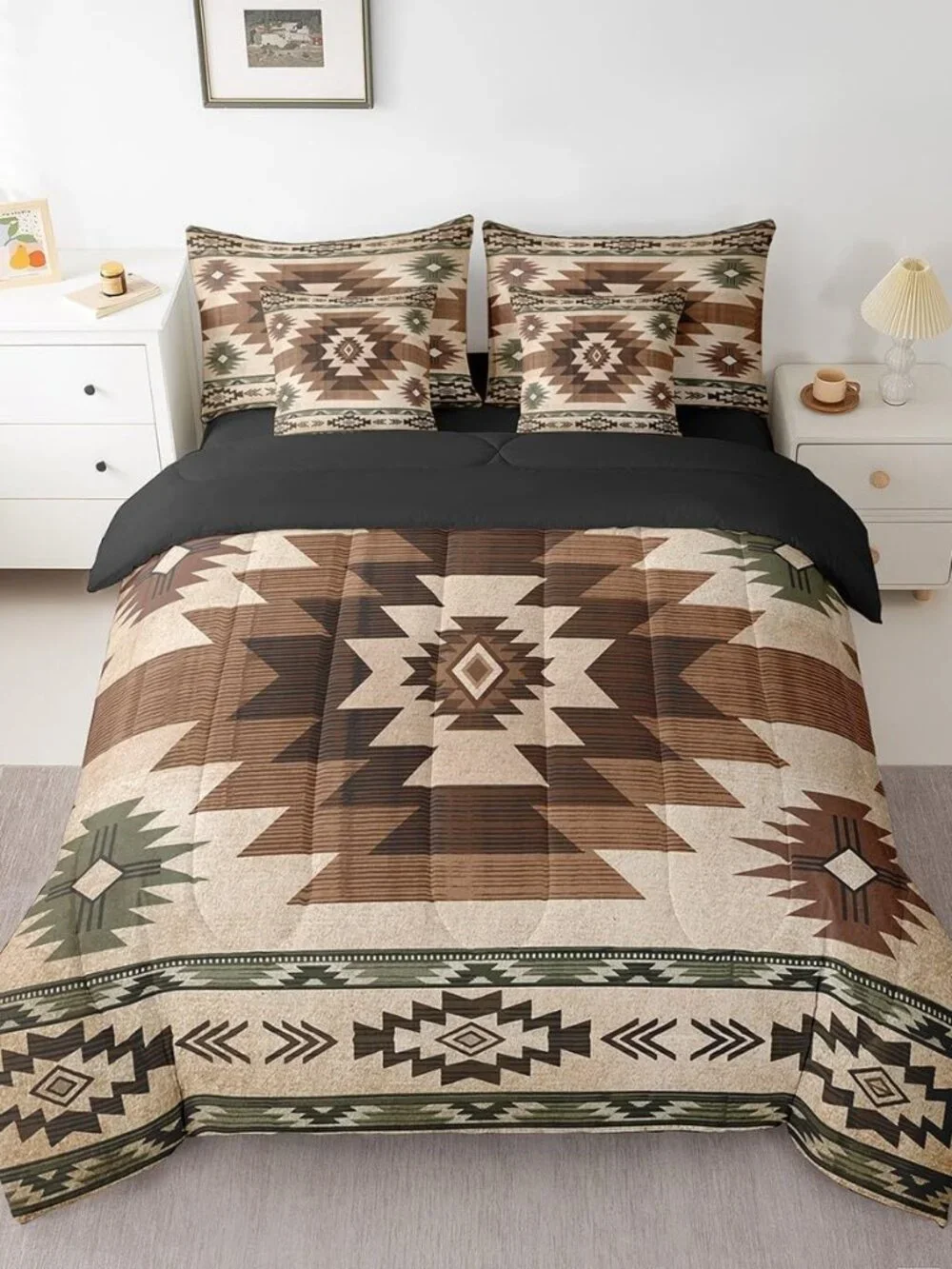 7 Pcs Bohemian Tribal King Bedding Set Wooden Retro Grid Stripes Rustic Comforte